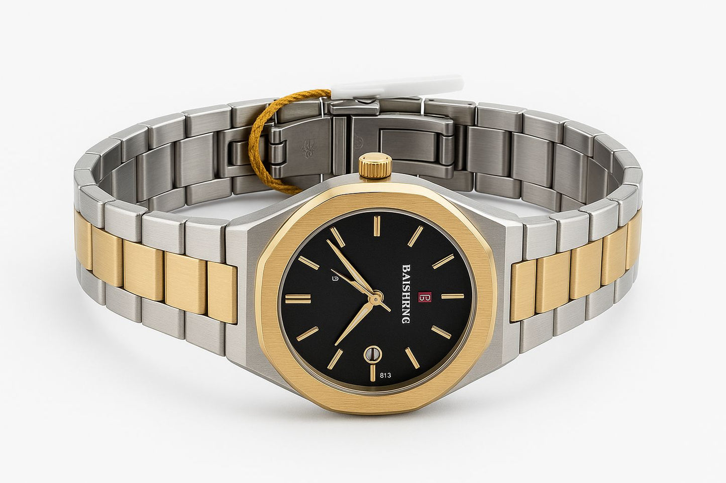 Men's Two-Tone Watch with Black Dial and Brushed Octagonal Bezel