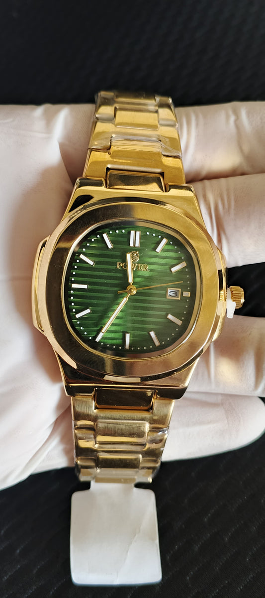 Men's Gold-Tone Watch with Emerald Green Textured Dial