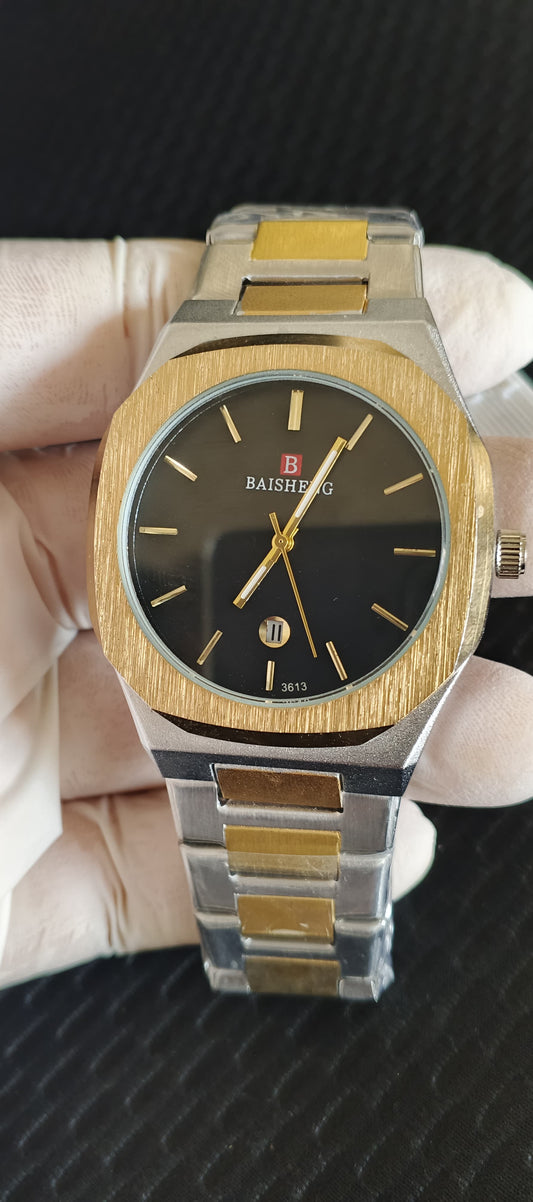 Men's Two-Tone Watch with Black Dial and Unique Brushed Bezel