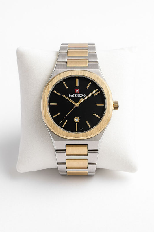 Men's Two-Tone Watch with Black Dial and Brushed Octagonal Bezel